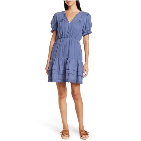 Nordstrom Maisie Blue Cotton Eyelet Trim Tiered Ruffle Short Sleeve Mini Dress - Picture 1 of 11
